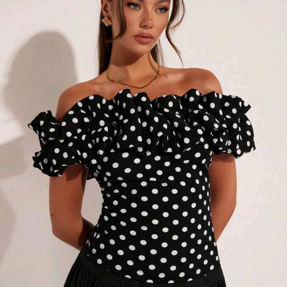 SHEIN Black and White Polka Dot Ruffle Top